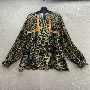 Anthropologie Blank London Joelle Mixed Animal Print Green Brown Top Blouse S